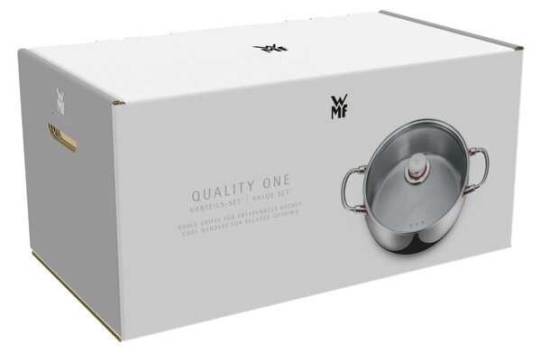 Комплект тенджери WMF Quality One 3201112133, 9 части, Cromargan неръждаема стомана, Фурна до 250°C, TransTherm основа, Индукция, Сребрист