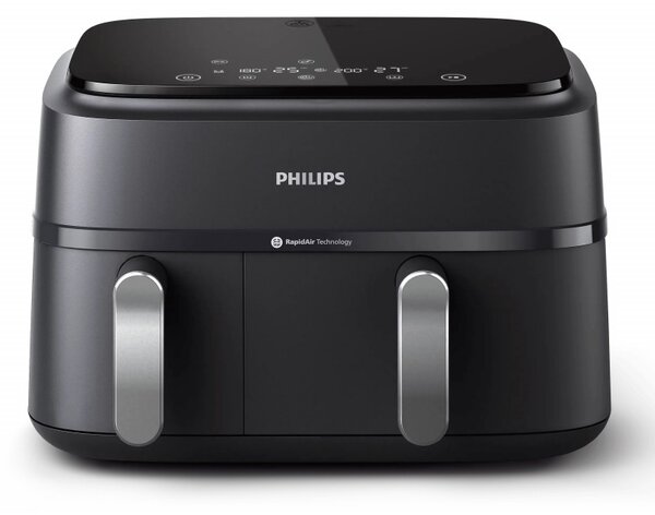 Двоен фритюрник с горещ въздух Philips NA351/00, 2750 W, 6+3 л, 80-200C, 1.5 кг, 8 програми, Сензорен дисплей, Копиране и синхронизиране, Черен/Сребрист