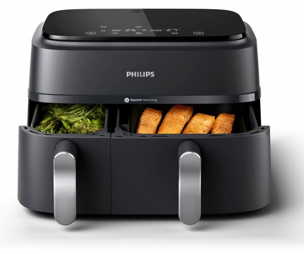 Двоен фритюрник с горещ въздух Philips NA351/00, 2750 W, 6+3 л, 80-200C, 1.5 кг, 8 програми, Сензорен дисплей, Копиране и синхронизиране, Черен/Сребрист
