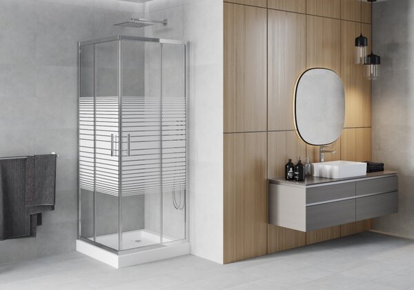 Mexen Rio квадратна душ кабина 90 x 90 см, бели ивици, хром + бял корито - 860-090-090-01-20-4510