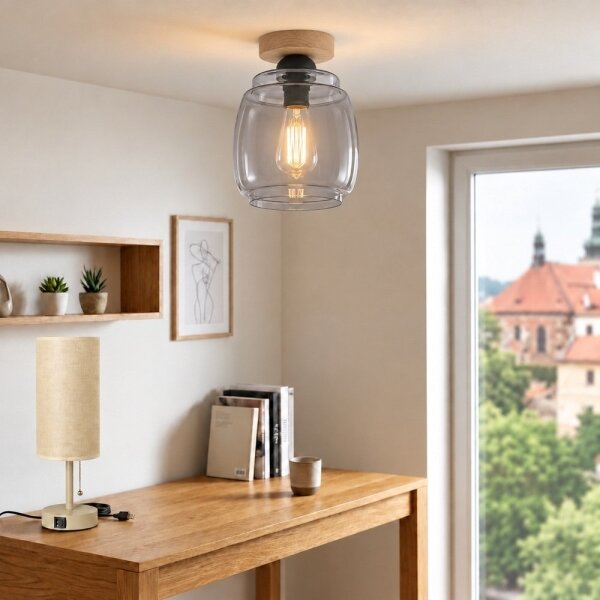 BRILAGI - LED таванно осветително тяло R GLASS 1xE27/60W/230V Ø 26 cm дъб/опушено сиво