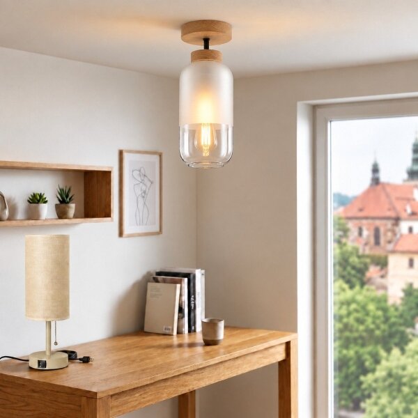 BRILAGI - LED повърхностно монтиран полилей RETRO GLASS 1xE27/60W/230V Ø 14 см дъб/бял