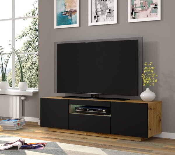 ТВ шкаф AURA 150 стоящ/окачен, дъб артисан/черен мат, LED