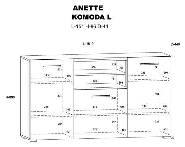 Комод ANETTE L 151 см, дъб артисан/черен мат