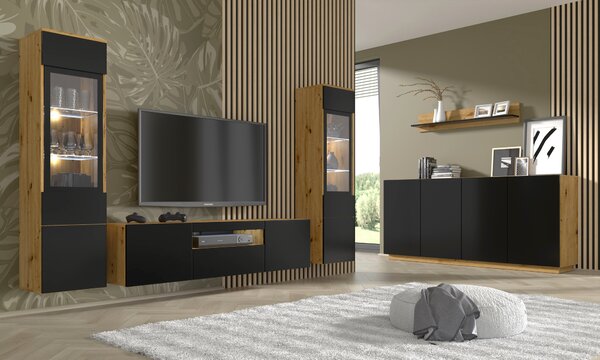 Комод AURA 4D 198 см, дъб артисан/черен мат