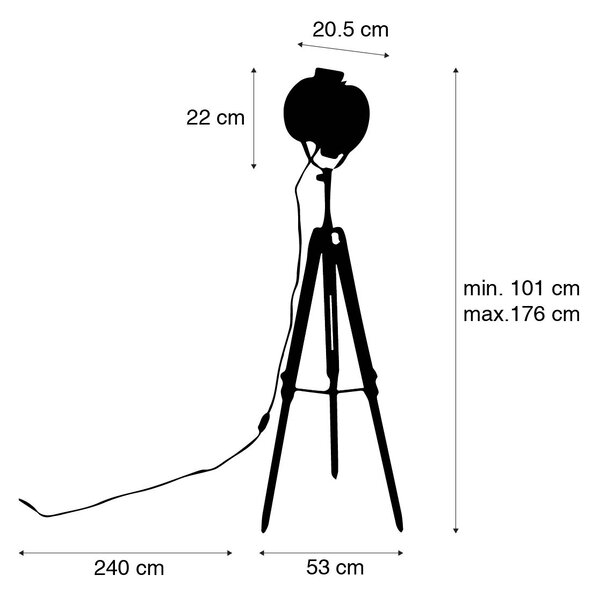 Подова лампа-трипод черна с дървено студийно спот - Radient