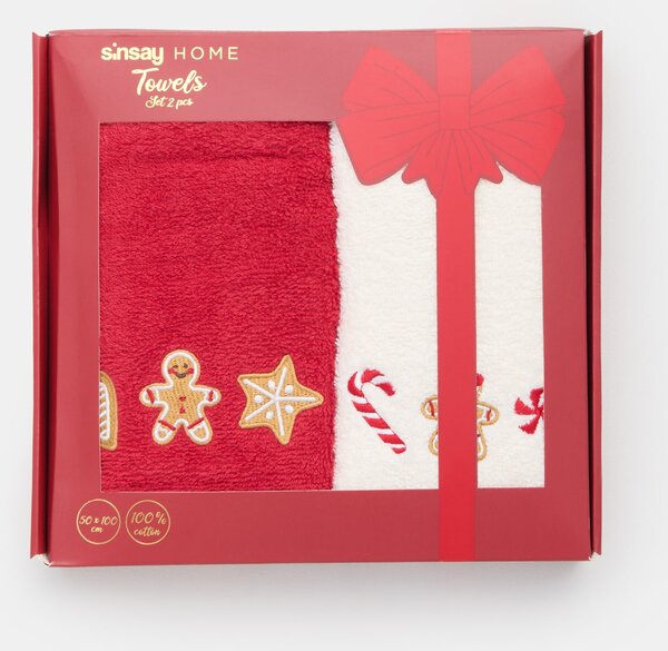 Sinsay - Памучни коледни кърпи с джинджифилови човечета и сладкиши 2 pack - червeн