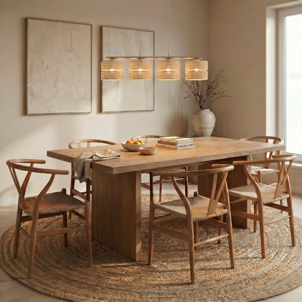 TK Lighting Висяща лампа Calma, 4-пламъчна, бежова, рафия, дължина 95 cm, Затъмняване, Бежов, Дневна/трапезария, Други материали