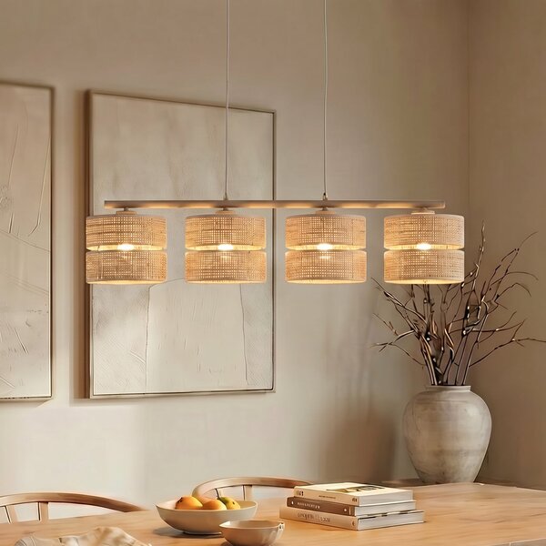 TK Lighting Висяща лампа Calma, 4-пламъчна, бежова, рафия, дължина 95 cm, Затъмняване, Бежов, Дневна/трапезария, Други материали