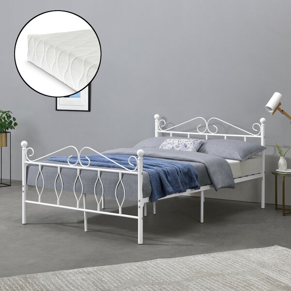 Metal Bed Apolda 140x200 cm Youth Bed with Cold Foam Mattress up to 300kg White