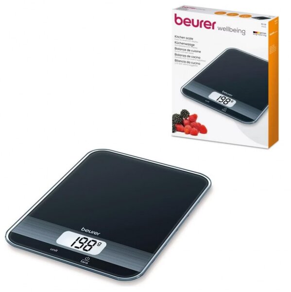 Кухненска везна Beurer KS 19 Black, До 5 кг, ТАРА, Сензорно управление, LCD, Стъкло, Ултратънка, Черен