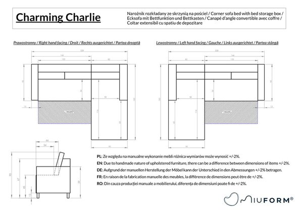 Сив сгъваем ъглов диван (десен ъгъл) Charming Charlie – Miuform