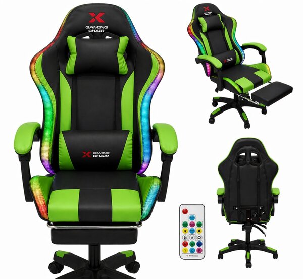 Xgaming LED геймърски стол с поставка за крака – черно-зелен