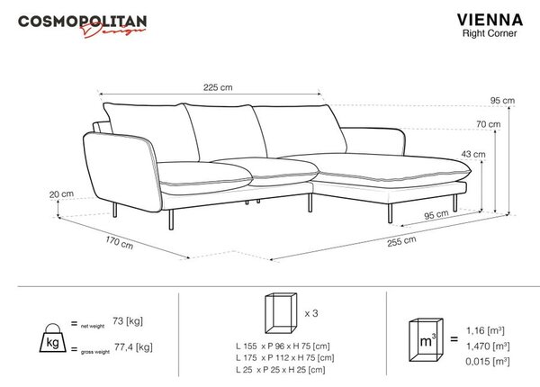 Ъглов диван от сиво кадифе , десен ъгъл Vienna - Cosmopolitan Design