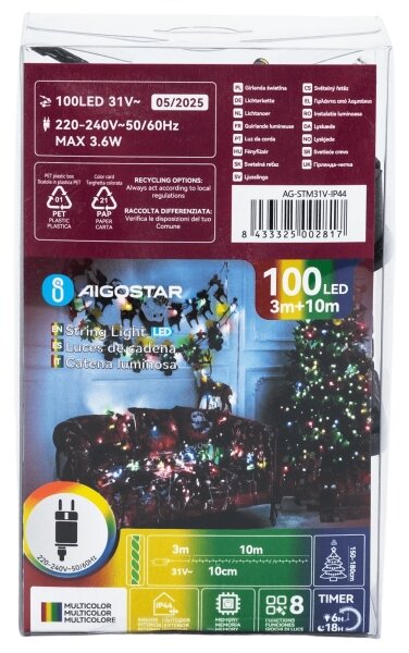 Aigostar - Външна коледна LED гирлянда 100xLED/8 функции 13m IP44 многоцветна