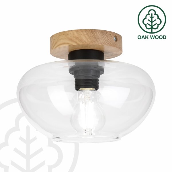 Потолно осветително тяло FLO WOOD 1xE27/15W/230V, дъб/прозрачно стъкло, Ø 22 см