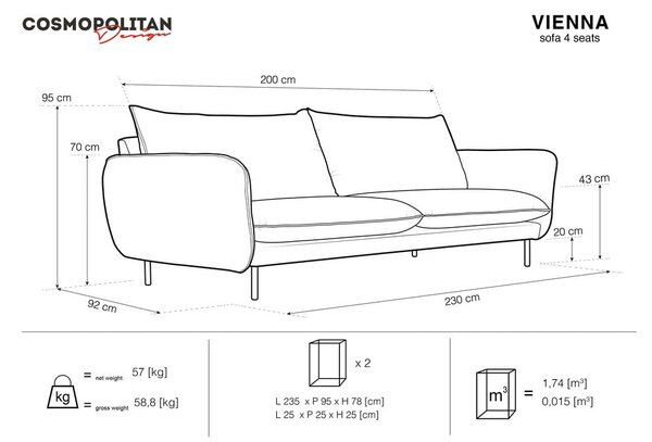 Светлосив диван , 230 см Vienna - Cosmopolitan Design