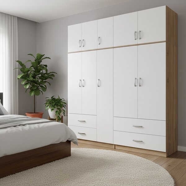 Гардероб с 5 врати, Athos V24, бял-дъб, 170x42x240 см