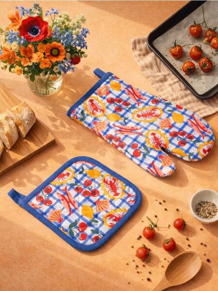 Sinsay - Кухненска ръкавица и ръкохватка с мотив на храна - светлосиньо