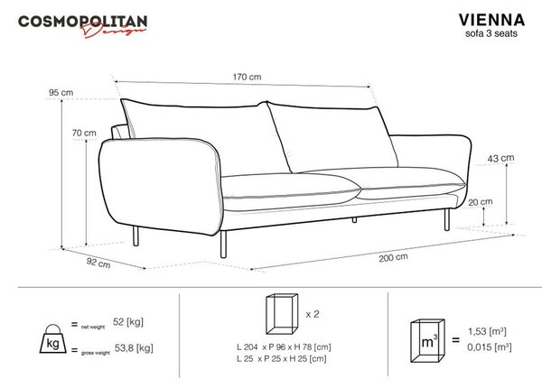 Диван от зелено кадифе , 200 см Vienna - Cosmopolitan Design