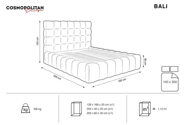 Сиво тапицирано двойно легло с място за съхранение и решетка 140x200 cm Bali - Cosmopolitan Design