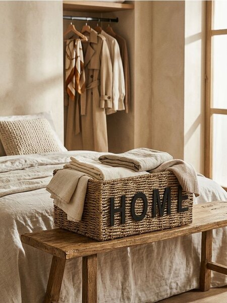 Sinsay - Плетен кош за съхранение с надпис Home - бежово