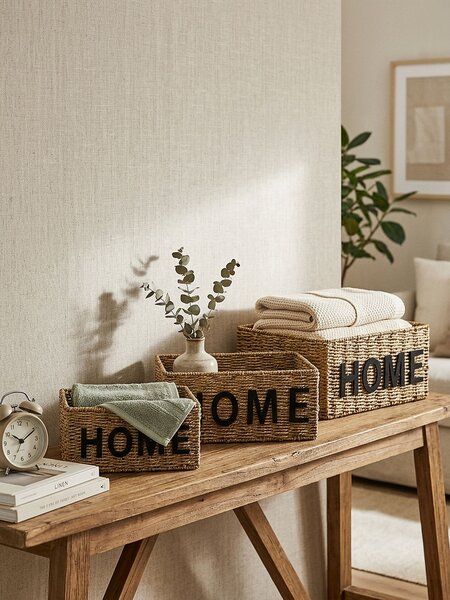 Sinsay - Плетен кош за съхранение с надпис Home - бежово