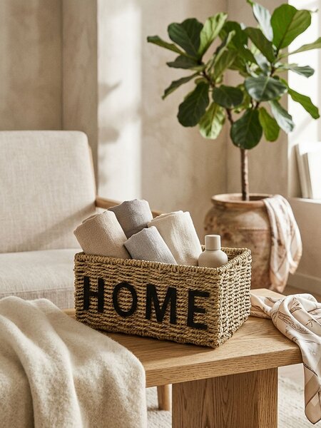 Sinsay - Плетен кош за съхранение с надпис Home - бежово