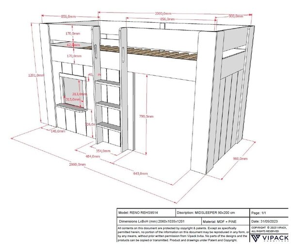 Бяло повдигнато легло от бор 90x200 cm RENO - Vipack