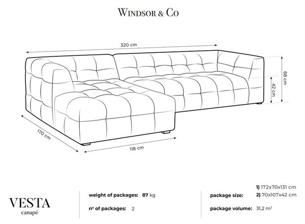 Ъглов диван от жълто кадифе , ляв ъгъл Vesta - Windsor & Co Sofas