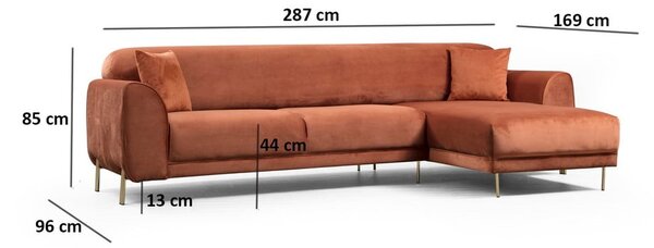 Оранжево-кафяв ъглов разтегателен диван с кадифена повърхност , десен ъгъл Image - Artie
