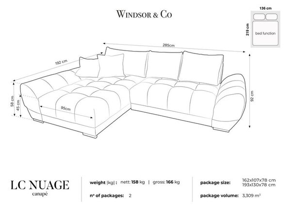 Сив ъглов разтегателен диван с кадифена тапицерия, ляв ъгъл Nuage - Windsor & Co Sofas