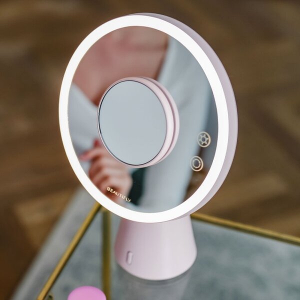 Светещо козметично огледало Smart Moon LED Cosmetic, 10x увеличение, Топла/неутрална/студена светлина, Регулируема яркост, Bluetooth високоговорител, Розов