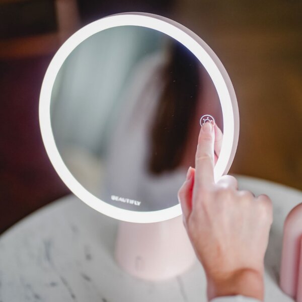 Светещо козметично огледало Smart Moon LED Cosmetic, 10x увеличение, Топла/неутрална/студена светлина, Регулируема яркост, Bluetooth високоговорител, Розов