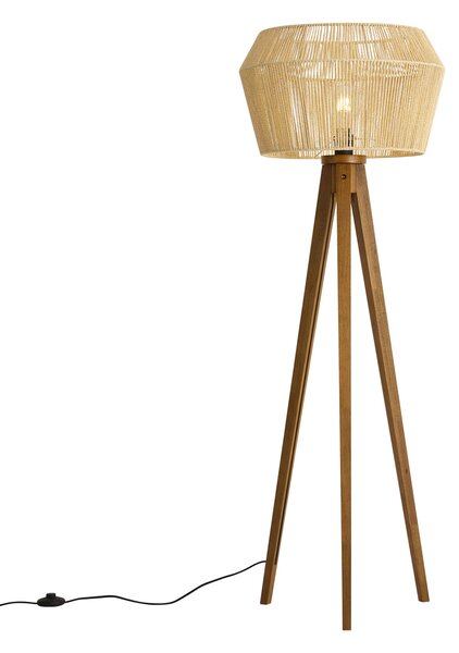 Подова лампа Винтидж дървена с абажур от кафяво хартиено въже 50/50/30 - Tripod Classic