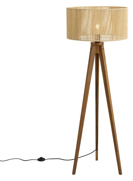 Винтидж дървена подова лампа с бежов абажур от хартиено въже 50/50/25 - Tripod Classic