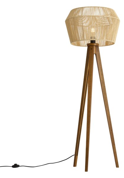Подова лампа Винтидж дървена с абажур от кафяво хартиено въже 50/50/30 - Tripod Classic