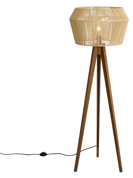 Подова лампа Винтидж дървена с абажур от кафяво хартиено въже 50/50/30 - Tripod Classic