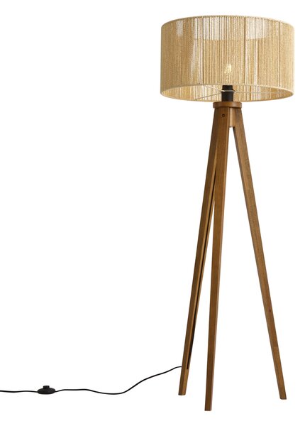 Винтидж дървена подова лампа с бежов абажур от хартиено въже 50/50/25 - Tripod Classic