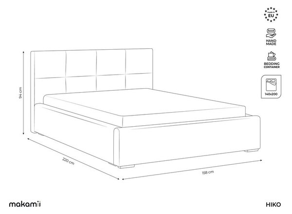 Светлосиньо кадифено двойно легло 140x200 cm тапицирано с място за съхранение и включена подматрачна рамка Hiko – Makamii