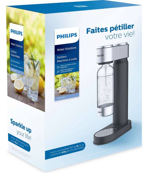 Машина за сода Philips GoZero ADD4902BK/10, 1 л, Регулиране на газировката, Предпазен клапан, Стоманен корпус, Ръчна, Черен