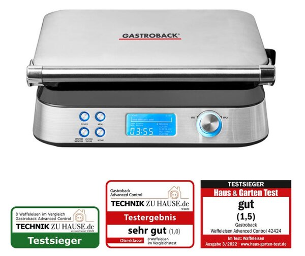 Гофретник Gastroback Advanced Control, 1600W, 220 мл, 7 степени на изпичане, Двойни нагреватели, Дълбоки плочи, Таймер, Защита от преливане, Сребрист
