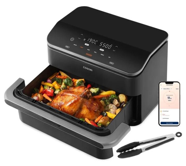 Двоен фритюрник с горещ въздух Cosori Dual Blaze TwinFry CAF-TF102S-AEUR, 10 л, 6 програми, 35-240 C, Таймер, ThermoIQ, Синхронизирано готвене и приключване, Черен/Сребрист