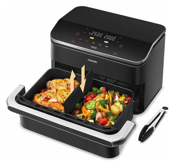 Двоен фритюрник с горещ въздух Cosori Dual Blaze TwinFry CAF-TF102S-AEUR, 10 л, 6 програми, 35-240 C, Таймер, ThermoIQ, Синхронизирано готвене и приключване, Черен/Сребрист