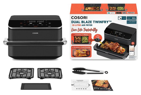 Двоен фритюрник с горещ въздух Cosori Dual Blaze TwinFry CAF-TF102S-AEUR, 10 л, 6 програми, 35-240 C, Таймер, ThermoIQ, Синхронизирано готвене и приключване, Черен/Сребрист