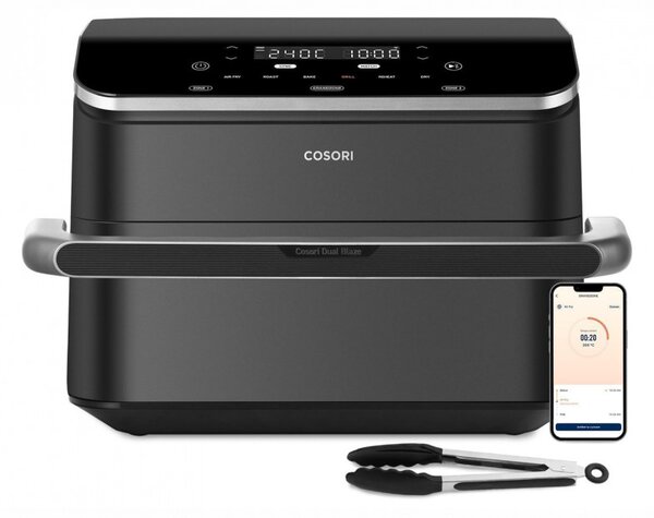 Двоен фритюрник с горещ въздух Cosori Dual Blaze TwinFry CAF-TF102S-AEUR, 10 л, 6 програми, 35-240 C, Таймер, ThermoIQ, Синхронизирано готвене и приключване, Черен/Сребрист