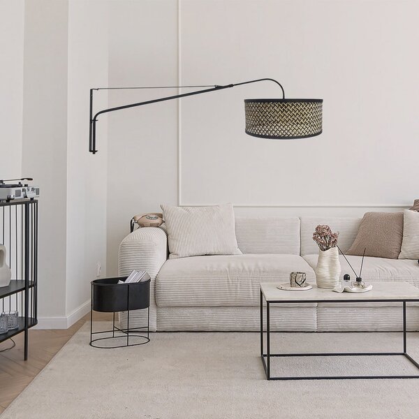 Steinhauer Стенна лампа „Elegant Classy“, черна/плетена в черно и дърво, Черен, Дневна/трапезария, Метал
