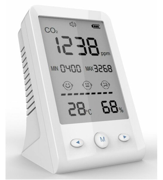 Термохигрометър Levenhuk Wezzer Air MC10, монохроматичен LCD дисплей, монитор за качество на въздуха, термометър, влагомер, монитор за CO₂, предупреждение за критичните стойности на CO₂, регистриране на минималната и максималната стойности, бял