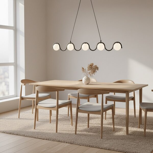 EMIBIG LIGHTING Висяща лампа Sinus 5, черна/опал, стъкло, дължина 110 cm, Затъмняване, Черен, Дневна/трапезария, Стъкло, Модерен