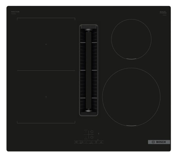 Индукционен плот за вграждане Bosch PVS611B16E, 4 нагревателни зони, 17 степени на мощност, вграден аспиратор, таймер, защита за деца, Combi zone, PowerBoost, черен